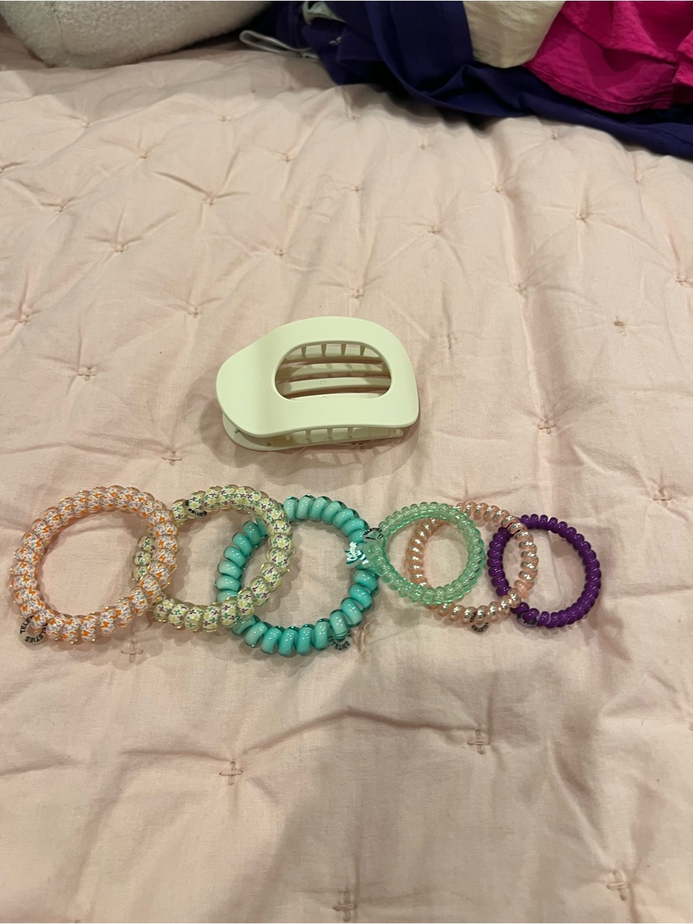 Teleties Pastel Hair Tie Set w/ White Clip - Mint, Peach, Lavender, Aqua, Green